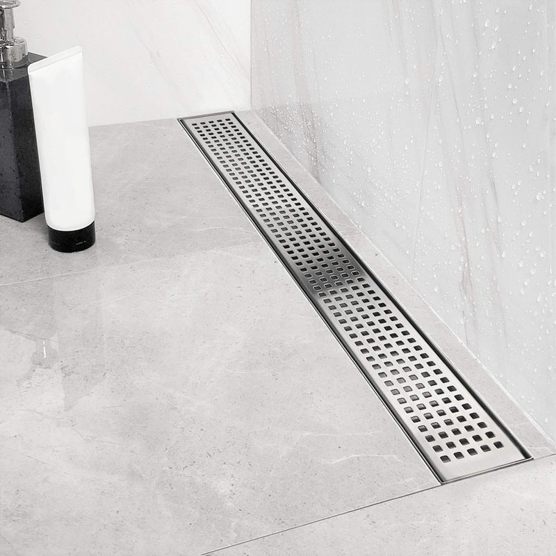 Neodrain 24-Inch Offset Side Outlet Linear Shower Drain with Quadrato Pattern Grate Cover, Brushed 304 Stainless Steel Rectangle Shower Floor Drain, with Leveling Foot, Hair Strainer Catcher - Image 5